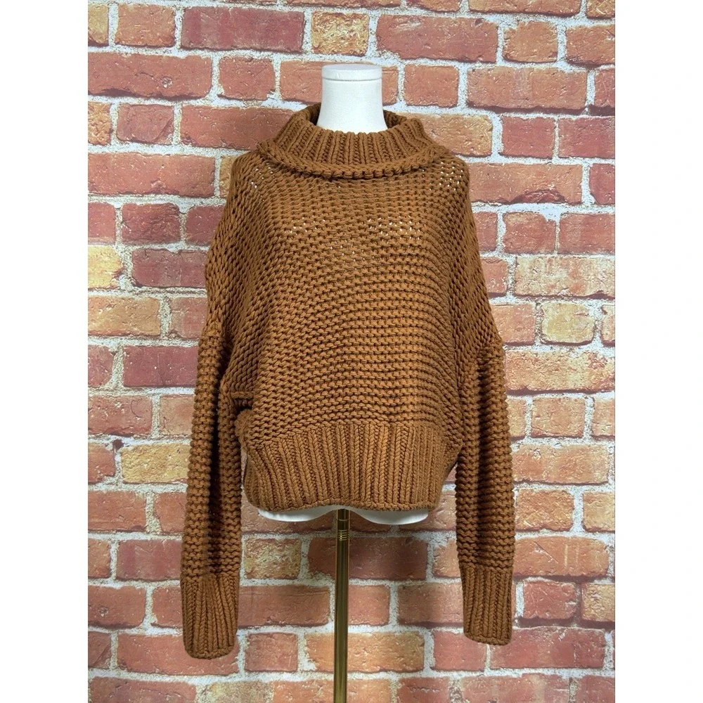 Free People‎ Chunky Knit Cotton Pullover Sweater Brown Mock Neck  Size  S/P